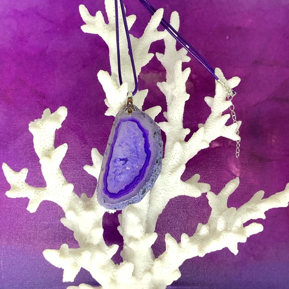 Purple Onyx Druzy Geode Agate Pendant Necklace on Waxed Cotton Cord Handmade - Picture 8 of 16
